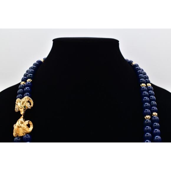 KJL Avon Vintage Beaded Necklace Ram Gold Navy Blue Beaded Chunky Signed Bin6B - Picture 5 of 12